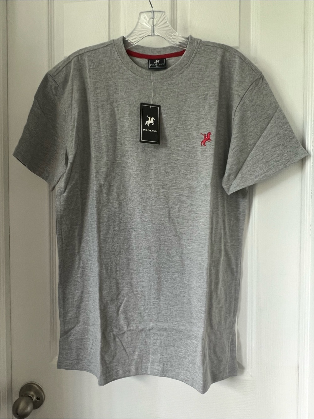 Men's Short Sleeve Crew Tee in Light Gray with Red Logo